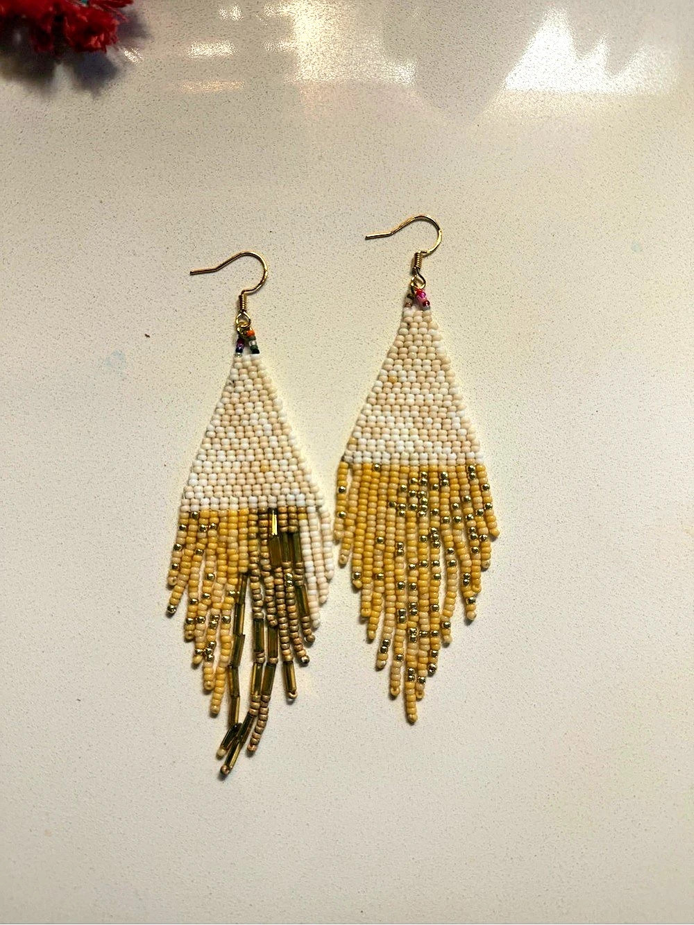 Handmade Beaded Fringe Earrings in White & Gold